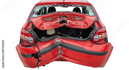 Fototapeta Naklejka Na Ścianę i Meble -  Damage to rear section of small red hatchback caused by collision on road in urban area during the day