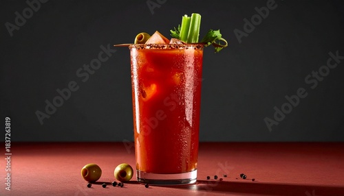 A bright, high-key shot of a Bloody Mary cocktail in a glass, garnished with celery and olives, with lemon wedges on a clean white surface, casting a strong shadow.