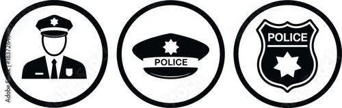 WebPolice officer icon, police cap vector, law enforcement badge symbol, security service illustration, police emblem design for signage, UI, infographics