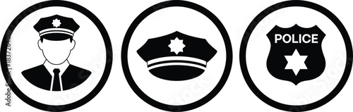 Police officer icon, law enforcement symbol, security badge vector, police cap illustration, public safety design, authority concept, patrol graphic, protection emblem
