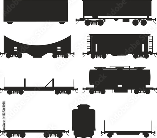 Railroad freight car silhouettes, boxcar, tank car, hopper, gondola, flatcar icons, black vector transport set, cargo train vehicle collection