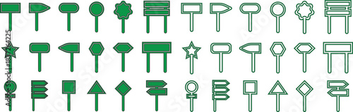 Road Sign Black and green Line and Flat Style Icon Set Collection Group with Various Blank Direction Board Shapes and Synonym Design Elements for Navigation, Guidance, Street Signal Vector