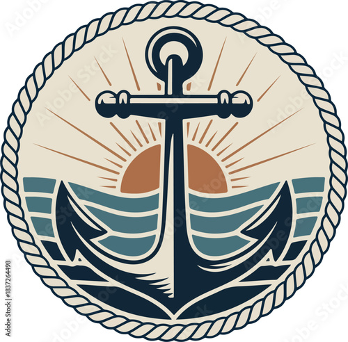 Vintage Nautical Anchor Sun Waves Rope Circle Graphic vector