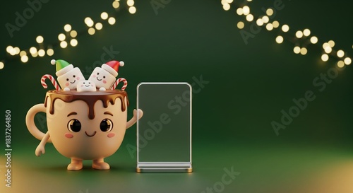 Cute 3D hot cocoa mug character with marshmallow elves beside a clean product stand, warm festive lights, and deep green copyspace for holiday branding.