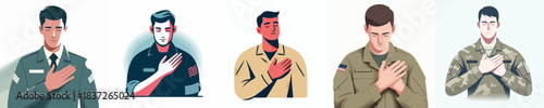 vector of a male army putting his hand on his chest as a sign of empathy