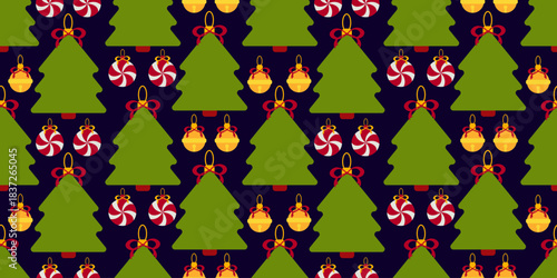 Seamless holiday pattern featuring Christmas trees, yellow bells, and striped candy baubles on deep dark background. Ideal for festive textiles and Christmas packaging