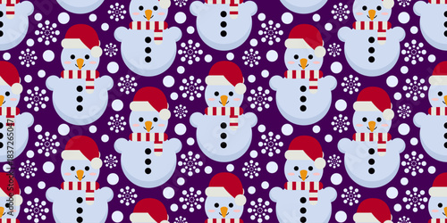 Seamless pattern with white snowflakes and snowman wearing striped scarf and Santa hat on purple background. Great for winter textiles and festive print projects