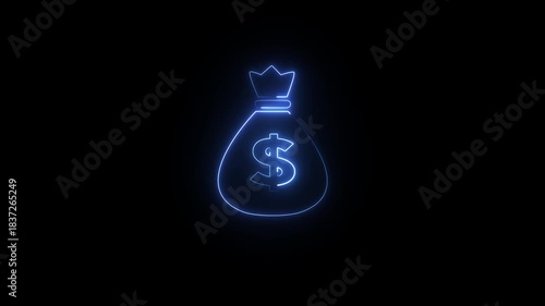 a digital illustration of a money bag icon outlined in glowing blue neon light against a black background. 