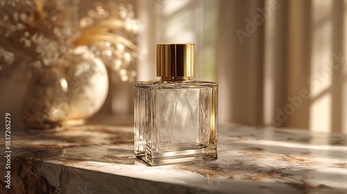 Elegant glass perfume bottle with gold cap on marble surface