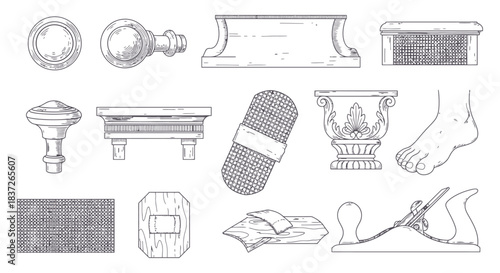 detailed line art collection of vintage woodworking tools antique architectural elements and traditional decorative items ideal for design history.