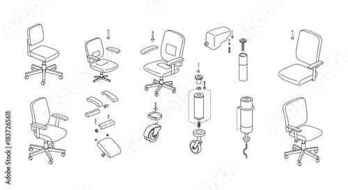 detailed office chair technical line drawings illustrating assembly and adjustment perfect for product manuals diy guides and furniture design.
