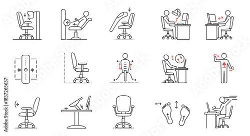 ergonomic office icons illustrating proper chair adjustment desk posture and workplace exercises for health and comfort.