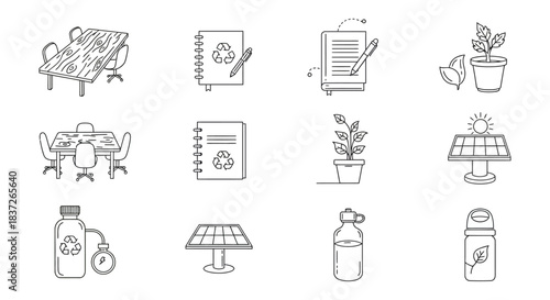 eco-friendly sustainable line art icons for business education renewable energy recycling and green office goals.
