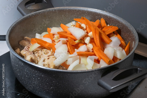 Chunks of chicken simmer with carrots, onions, and garlic in a speckled pot on the stovetop.