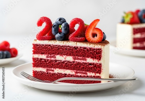 Happy New Year food Red velvet cake slice decorated with berries and numbers 2026 | celebration, festive, holiday,