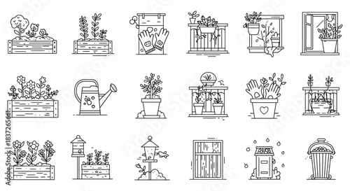 gardening line art icons illustrating home plants tools and balcony gardens representing cultivation nature and diy concepts.