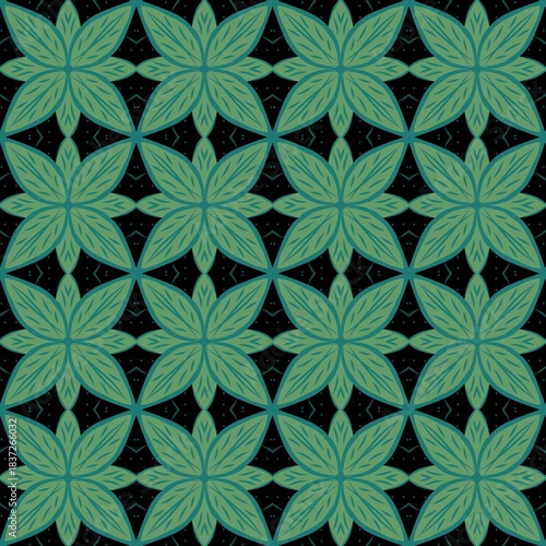 This is a seamless pattern featuring abstract floral and leaf elements in shades of green against a black background.