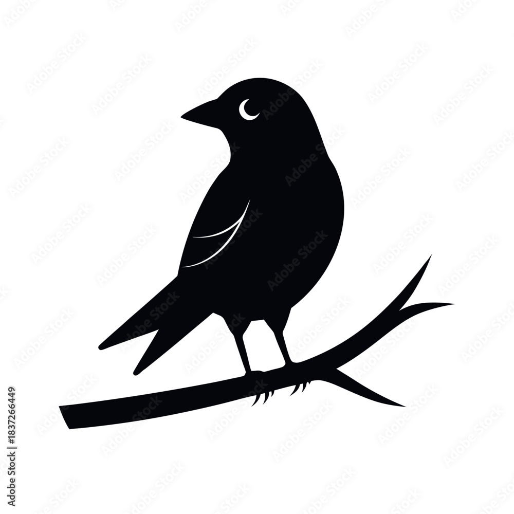 Naklejka premium Minimal black bird silhouette sitting on branch, clean shapes, plain white background