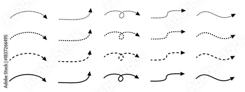 Arrows curved set icon, dotted, dashed and linear drawn arrow, twisted curved arrows, doodle sketch curved and swirly arrows