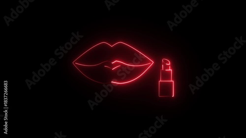 a digital illustration or videos of a red neon sign featuring lips and a lipstick icon. It is a common design used for decorative purposes, often associated with beauty, glamour, and fashion themes. 