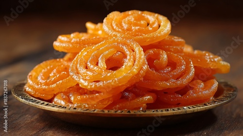 Stacked Jalebi on a Brass Plate indian sweet dessert