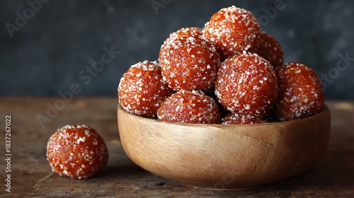 Sugar Crystal Coated Sweet Balls in Wooden Bowl Keywords: sweet, dessert, food, sugar, balls