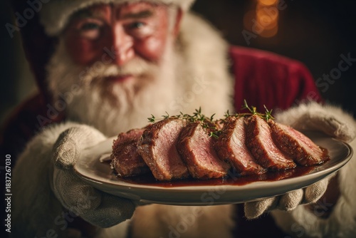 Santa Claus holding plate of Vitel Tone garnished with thyme. Warm festive lighting and bokeh background. Concept of culinary creativity blends holiday charm with veal salad tuna sauce Argentine.