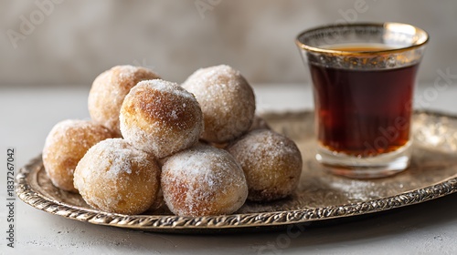 Sugar-dusted donut holes with coffee on a silver tray