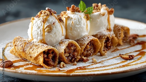 Sweet Rolled Pastries with Ice Cream and Caramel Drizzle