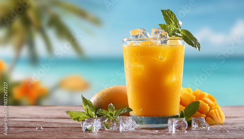 Tropical mango drink with ice and fruit by the ocean