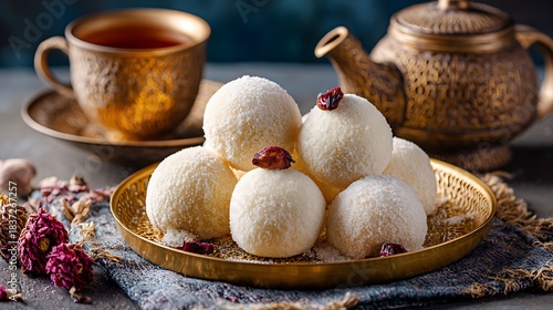 White Coconut Sweets with Tea and Kettle dessert food
