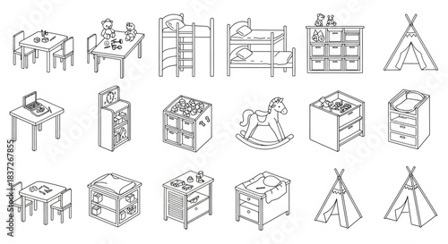 line art collection of kids furniture and play accessories bunk beds changing tables storage teepees. ideal for nursery and playroom design.