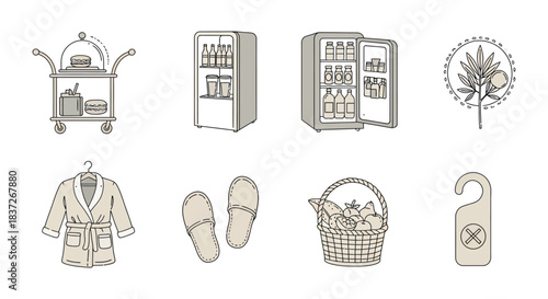 hotel amenities illustration room service mini bar bathrobe slippers guest comfort for hospitality concepts.