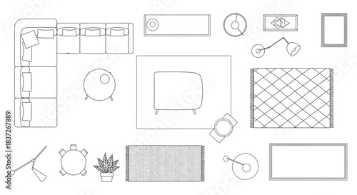 interior design elements minimalist line art top view of home furniture and decor for architectural floor plans and interior layout concepts.