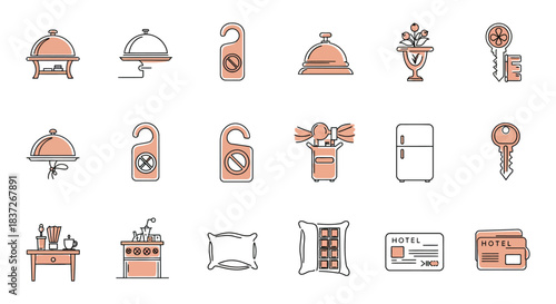 hotel services icons set displaying essential hospitality amenities room service do not disturb and keys in modern line art style.