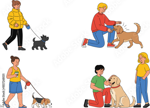 People walking and playing with dogs vector set showing pet care activities friendly companionship and daily lifestyle scenes