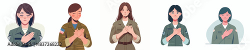 vector of a female army putting his hand on his chest as a sign of empathy