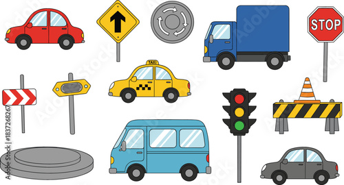 Road traffic symbols and vehicle vector set with cars trucks signs signals and urban transportation elements