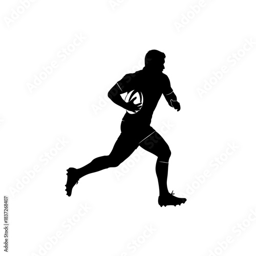 Dynamic silhouette of a rugby player sprinting with the ball, perfect for sports branding and promotional materials with a powerful, energetic vibe