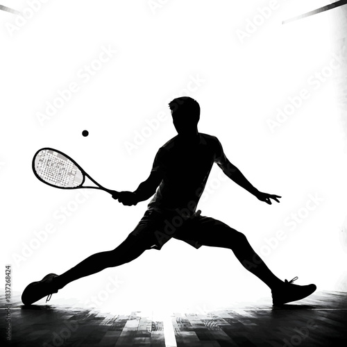 Dynamic squash player silhouette in action, striking the ball with powerful energy and focus for sports advertising and athletic lifestyle campaigns