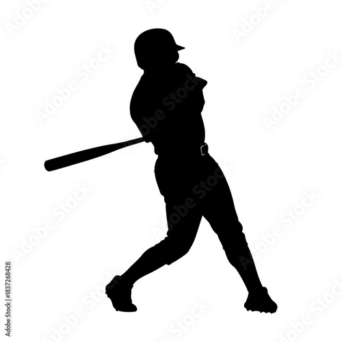 Dynamic silhouette of a baseball batter swinging with power, perfect for sports marketing and team spirit designs, conveying strength and focus on white