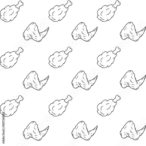 Seamless pattern of chicken legs. Hand drawing Doodle chicken legs. Fried chicken doodle pattern background. Fried chicken Seamless Pattern for coloring kids books