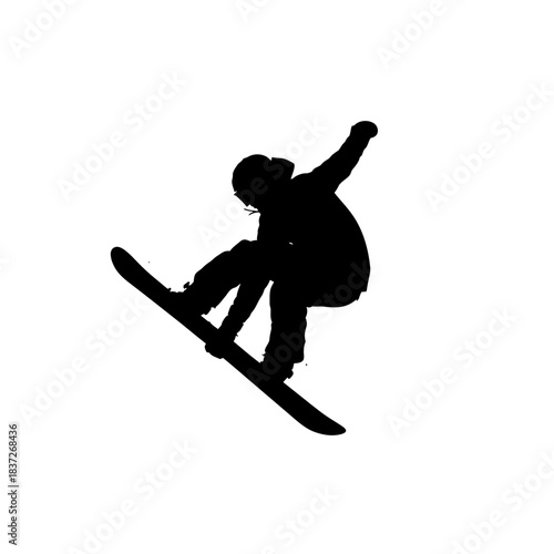 Dynamic snowboarder silhouette catching air mid trick, perfect for winter sports promotions and action-packed designs with a modern, minimalist aesthetic