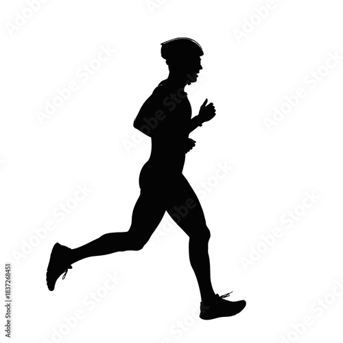 Dynamic silhouette of determined triathlete running with helmet, showcasing speed and endurance for fitness campaigns and sports marketing materials.