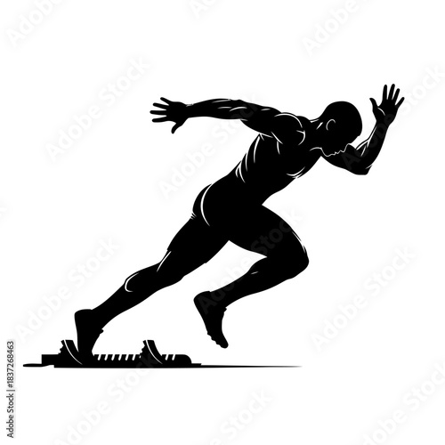 Dynamic silhouette of a sprinter exploding from the starting block, powerful and driven to achieve victory, fitness and athletic performance concept