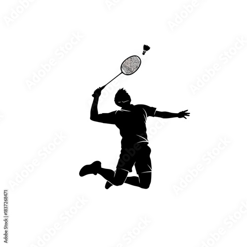 Dynamic badminton player silhouette in action, a symbol of athleticism and competitive spirit for sports branding and fitness campaigns, bold and energetic design