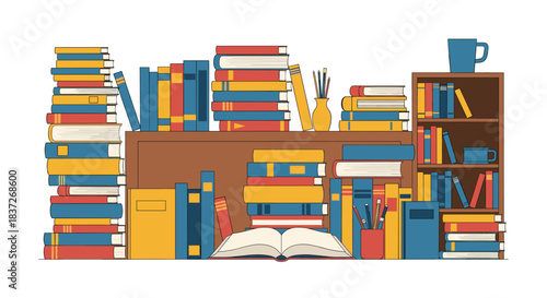 Cozy and cluttered home library bookshelf is filled with numerous colorful hardcover books.