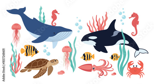 Beautiful underwater ocean scene is filled with a variety of friendly cartoon sea animals.