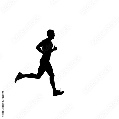 Dynamic silhouette of a determined runner sprinting forward against a clean white backdrop, perfect for fitness campaigns and motivational content, achieve your goals