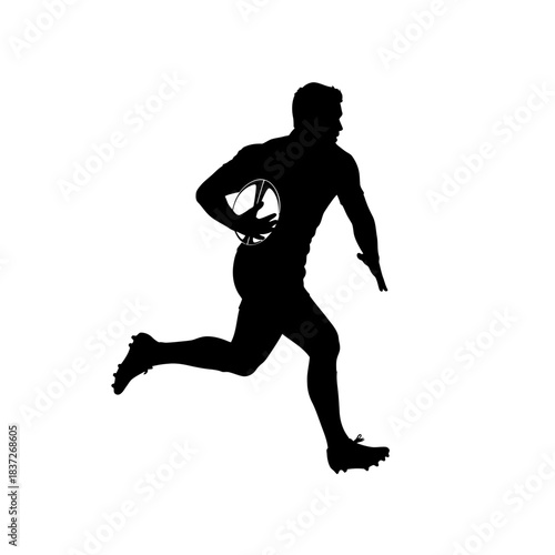 Dynamic silhouette of a rugby player running with the ball, perfect for sports branding, advertising, or fitness campaigns, conveying power and athleticism